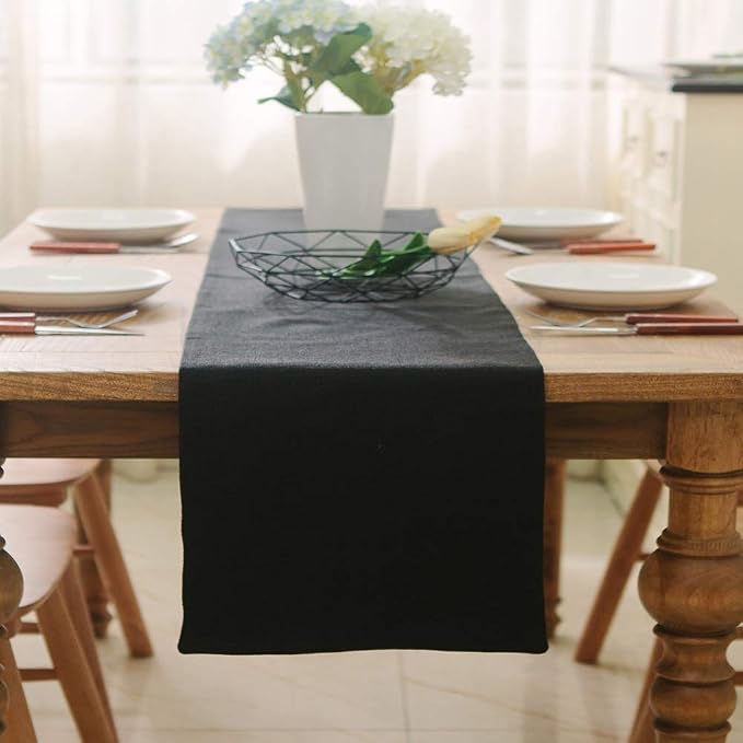 2 Piece Fabric in 1 Dinning Table Runner 12 x 72 Inches Farmhouse Kitchen Coffee Burlap Table Runner for Holiday Party, Black