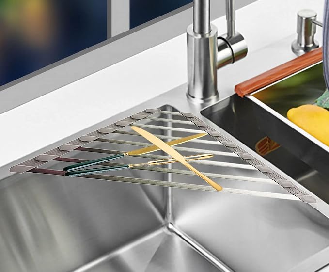 Ahyuan Corner Sink Dish Drainer over the Sink Dish Drying Rack Corner Dish Rack SUS304 Cubic Stainless Still Kitchen Sponge Holder Corner Sink Sponge Caddy Dish Rack (Gray)