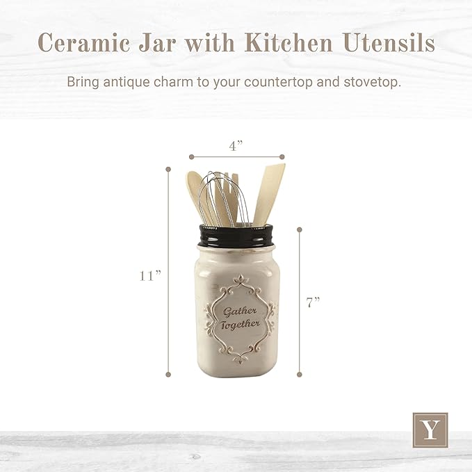 Young's Inc Farmhouse Ceramic Kitchen Tool Holder with Wooden Utensils, Decorative Gather Together Mason Jar Organizer for Kitchen Tools,10.5"