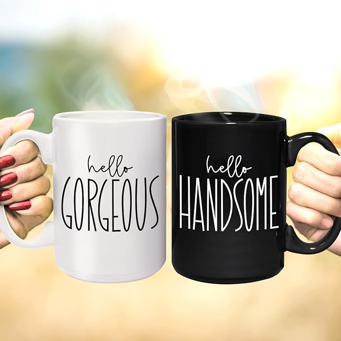 Hello Handsome Hello Gorgeous Mugs / 2 Jumbo 15 Ounce Black And White Matching Husband Wife Ceramic Mugs / Newlywed Couples Wedding Coffee Cup Present Set / Relationship Anniversary Cup Pair