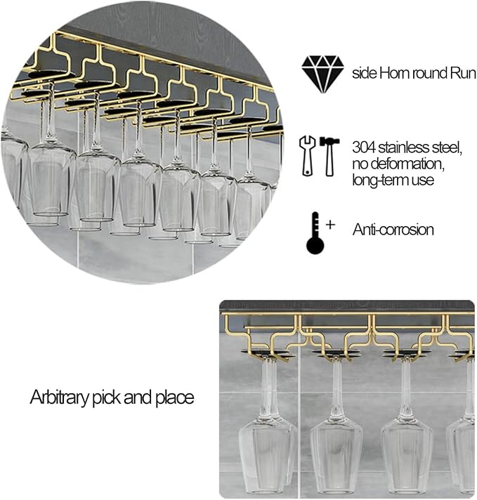 Gold Wine Glass Rack Hanging Metal 304 Stainless Steel Under Cabinet Shelf Stemware Racks Wine Champagne Goblets Holder for Kitchen Bar Pub (Size : 68.5x28x5.5cm)