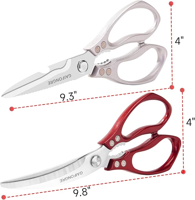 Heavy duty kitchen scissors 2-pack,High Stainless Steel sharp blade,Dishwasher safe meat scissors Cooking shear for Chicken Fish Meat Color RED SILVER