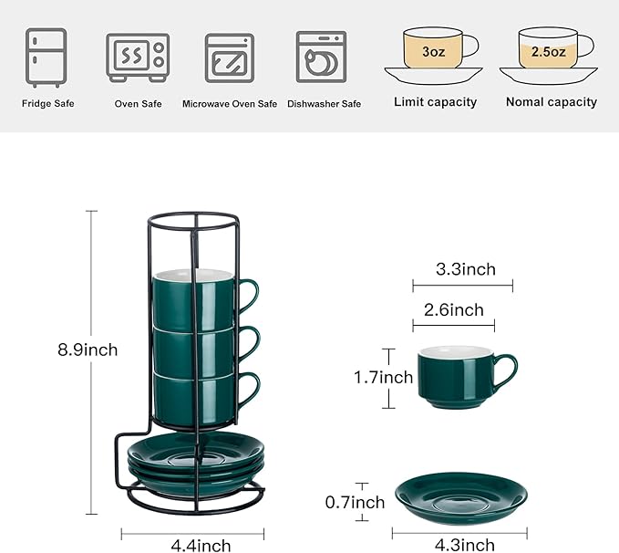 YOLIFE 2.5oz Espresso Cups Set of 4, Porcelain Stackable Espresso Cups, Expresso Shots Cup Set with Saucers and Metal Stand-Green