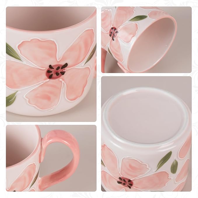 KAMMAK Ceramic Coffee Mug, 13.5oz Pink Mugs Set of 2, Novelty Cup for Tea, Juice, Milk, Cute Porcelain Water Cups with Handle for Women, Dishwasher and Microwave Safe