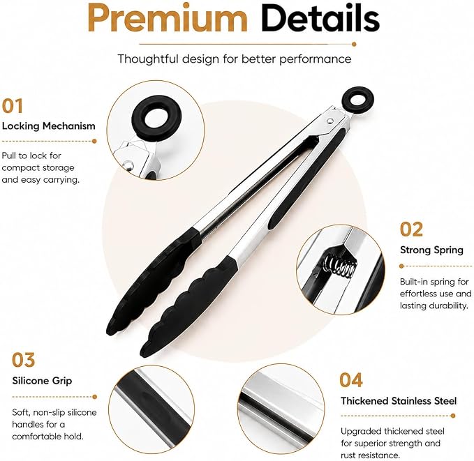 3 Pack Kitchen Tongs Set, 9+12+16" Cooking Tongs with Locking Mechanism, 9" & 12" Nonstick Tongs and 16" Stainless Steel Grill Tongs, Heat Resistant Food Tongs for Cooking, Serving, BBQ & Air Fryer