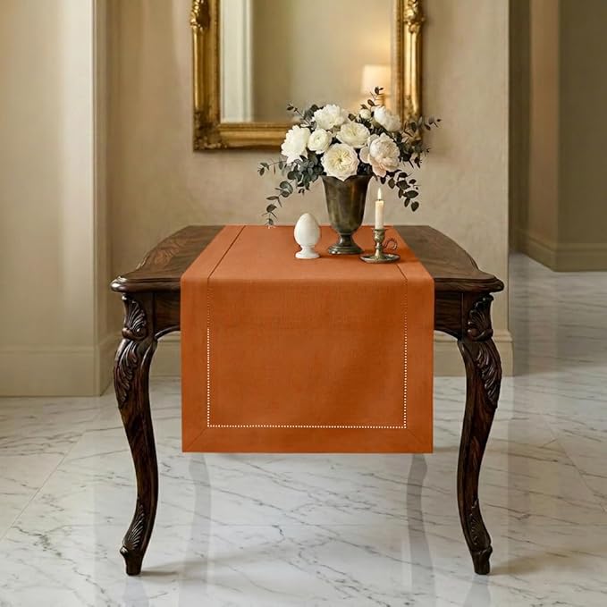 Signature Linen™ by D'Moksha Rust Table Runner 36 Inches, 100% Pure Linen, Hemstitch, Coffee Table Runner, 14 x 36 Inch for Dresser Tables- Summer, Father's Day