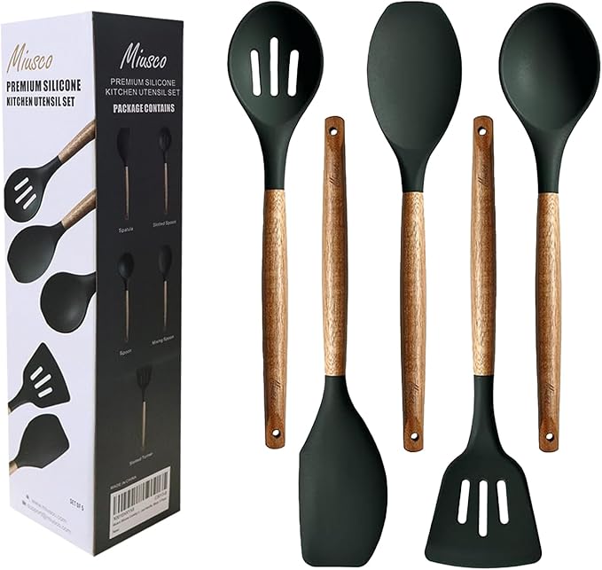 Non-Stick Silicone Cooking Utensils Set with Natural Acacia Hard Wood Handle, 5 Piece, High Heat Resistant (Green)