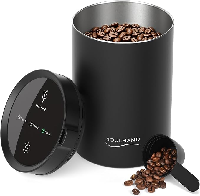 Vacuum Coffee Canister, 1.6L Stainless Steel Airtight Coffee Storage | Electric Auto Vacuum Seal Lid with Touch Screen, Airtight Design for Coffee Beans,Grounds,Food Preservation,Black
