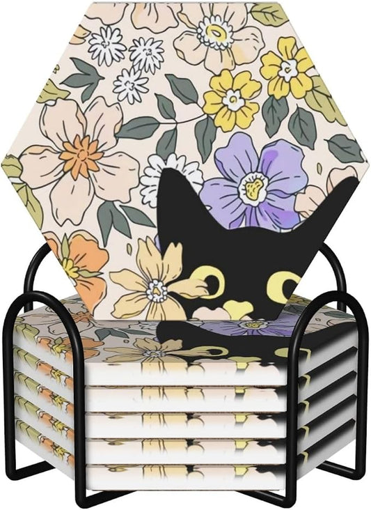 Funny Black Cute Cat Drinks Coasters Absorbent Stone with Holder Set of 6, Chic Animal Flowers Floral Wildflowers Daisy Print Hexagon Ceramic Coaster for Coffee Table Protection (Hexagonal)