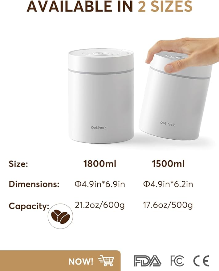 OUTPEAK Latest Kilo Auto Vacuum Coffee Canister, 1.8L for 21.2oz Coffee Beans, One-Button Operation, Stainless Steel Container with Scoop, Fresh 6-Month Storage Container (Barista Champion's Choice)