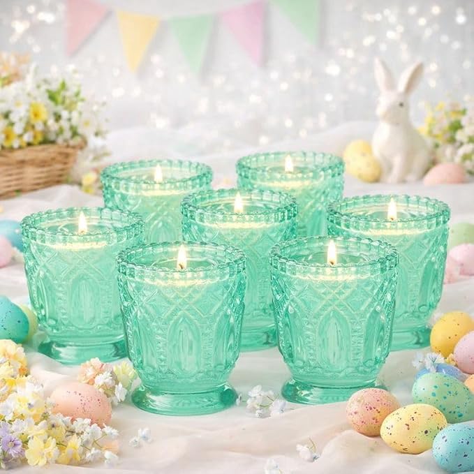 Koyal Wholesale Vintage Glass Candle Holder - Mint Green Tea Light Candle Holders - Mint Green Party Decor, Kitchen Decor, Weddings & Birthdays Easter Decorations for Table - 3 X 2.75 (Pack of 6)