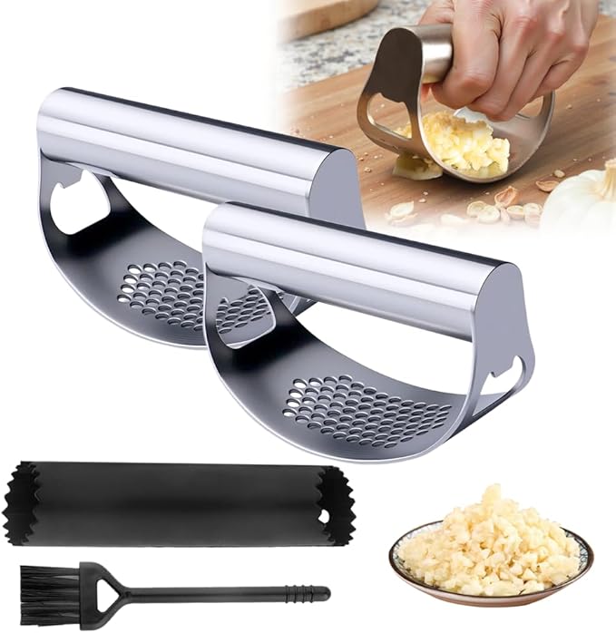 Stainless Steel Garlic Press, 2025 Upgraded Garlic Press Rocker Chopper, Garlic Crusher Mincer Tool with Peeler and Cleaning Brush, Easy to Clean Kitchen Gadgets (2)