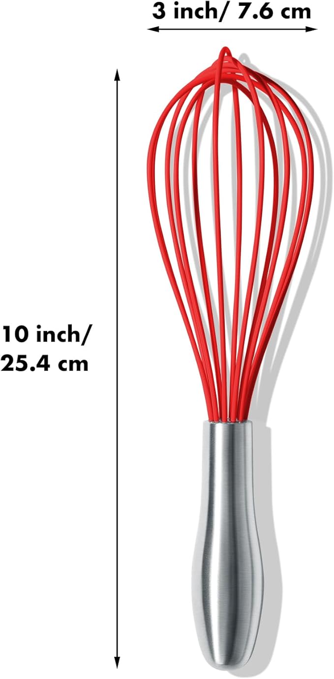 OYV 10-Inch Red Silicone Whisk, Heat Resistant 480°F Kitchen Whisk with Stainless Steel Ergonomic Handle, Non-Scratch for Nonstick Cookware, Dishwasher Safe, Perfect for Blending, Cooking & Beating