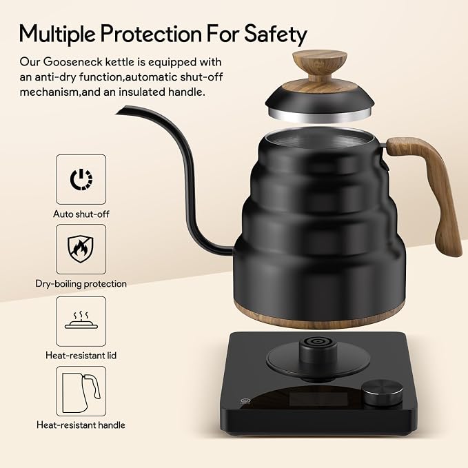 Electric Gooseneck Kettle, 30oz/0.9L Intelligent Temperature Control, Quick Heating, 304 Stainless Steel for Pour Over Coffee, Brew Tea, Boil Hot Water, 1000W （Black）