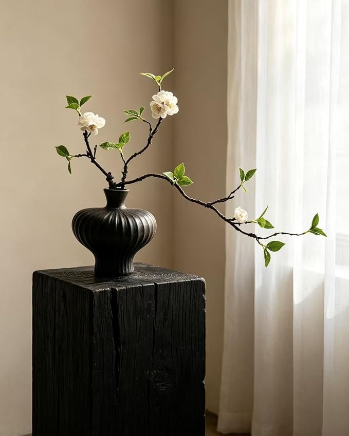 22'' Budded Faux Stem with Vase, 1pcs Artificial Greenery Plant for Centerpiece Table Decorations, Fake Branches in Vase for Farmhouse Living Room Bathroom Office Kitchen Decor - Black