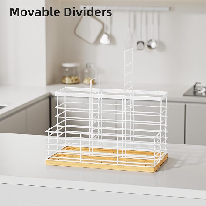 VITVITI Kitchen Utensil Holder for Counter, Large 4 Compartments Metal Bamboo Utensil Organizer, Farmhouse Cooking Utensils Holder Caddy for Countertop, White