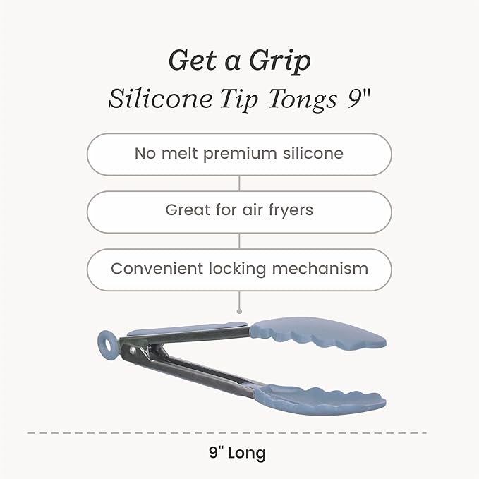 Starpack Get a Grip Silicone Kitchen Tongs (9 Inch) - LFGB Non Toxic, 600°F Heat Resistant, BPA-Free - Heavy-Duty Stainless Steel, Locking - Dishwasher Safe for Nonstick Cookware Light Blue