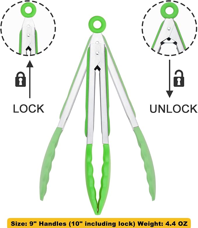 HINMAY Silicone Tongs 9-Inch Stainless Steel Locking Kitchen Tongs, Set of 3 (Green)