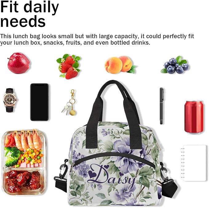 Personalized Flower Floral Lunch-Bag for Women, Custom Insulated Cooler Lunch Box with Name, Leakproof-Reusable Lunch Tote Bag for Work Office Picnic - Light Purple