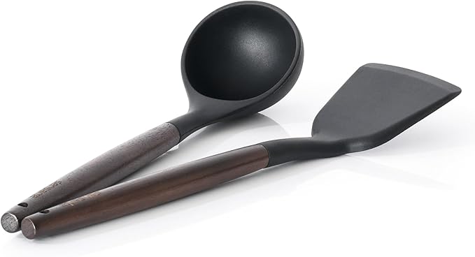 SENSARTE Kitchen Utensils 2-Piece, Silicone Cooking Utensils, Silicone Spatula and Ladle with Wooden Handle, Black