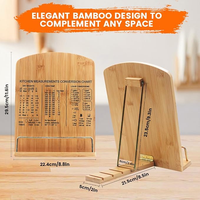 Adjustable Bamboo Cookbook Stand for Kitchen Counter – Multi-Functional Recipe Holder for Tablets, Cookbooks, Magazines & Textbooks – Perfect Kitchen Gift for Women (Kitchen Conversion Chart)