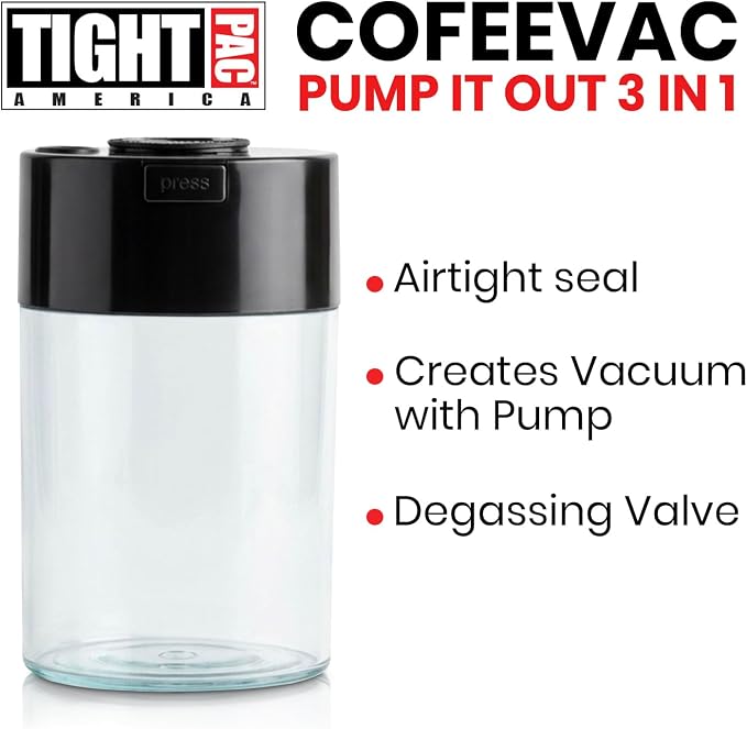 COFFEEVAC Pump It Out Airtight Coffee Container - Vacuum Coffee Storage Container for Ground Coffee Beans - Patented Vacuum Seal with Degassing Valve, 1 lb, Black/Clear