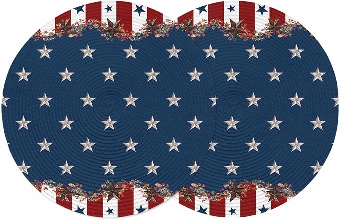 4th of July Round Placemats Set of 2 Rustic Star Stripes Place Mats Independence Day Woven Placemat Red White and Blue Circle Braided Table Mat for Kitchen Dining Table Holiday Party Decor 15 Inch