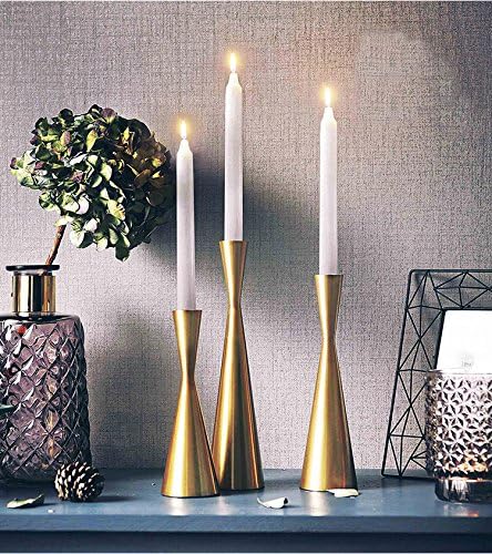 Set of 3 Brass Gold Metal Taper Candle Holders Candlestick Holders, Vintage & Modern Decorative Centerpiece Candlestick Holders for Table Mantel Wedding Housewarming (Brass Golden, S+M+L/Set)