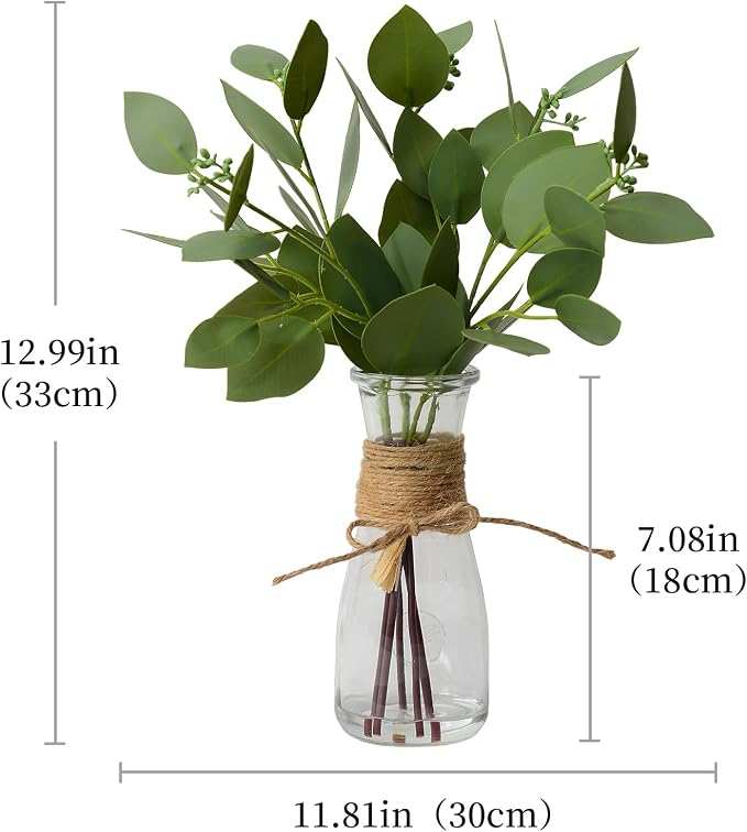 Artificial Eucalyptus Stems in Glass Vase with Faux Water for Table Centerpieces, Fake Eucalyptus Stems and Leaves Greenery in Vase for Home Office Decor