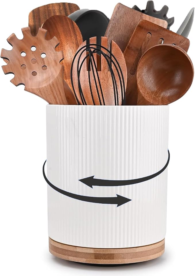 Extra Large Ceramic Utensil Crock 360° Rotating for Kitchen Counter, Weighted Utensil Holder Organizer, Wide Mouth, No-Tip, Farmhouse Decor (White)