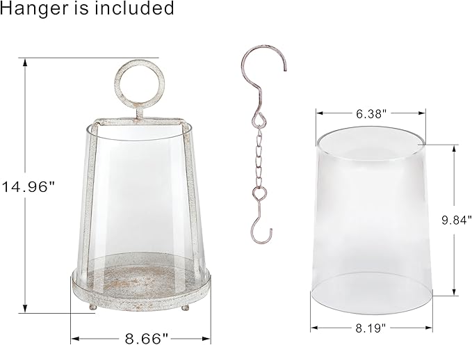 9" Wide Modern Farmhouse Metal Hurricane Candle Holder with Handmade Sturdy Glass Sleeve in Vintage White for Pillar Candle & Plants, Glass Hurricane Lantern, Industrial, Minimalistic