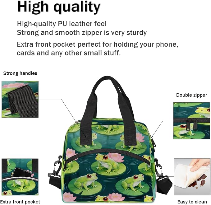 Frog Lotus Pond Pattern Insulated Lunch Bag for Women Men Reusable Lunch Box Cooler Bag Large Leakproof Lunch Tote with Adjustable Shoulder Strap for Adult Work Picnic Camping Beach Office