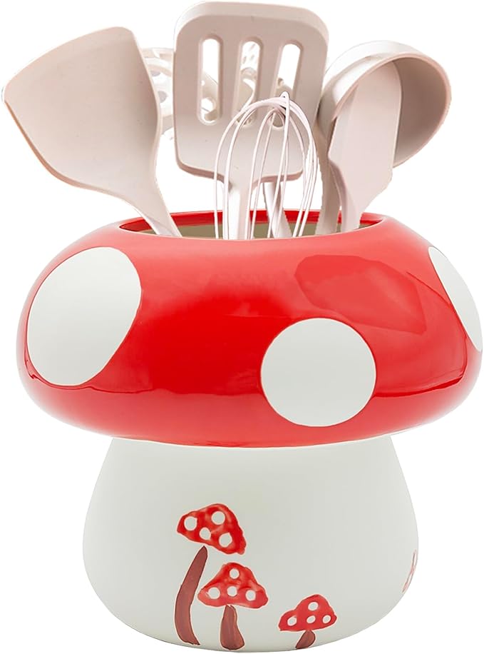 Mushroom Kitchen Utensil Holder for Countertop Mushroom Decor Ceramic Cooking Utensil Crock Large Spatula Holder Utensil Organizer Kitchen Decor
