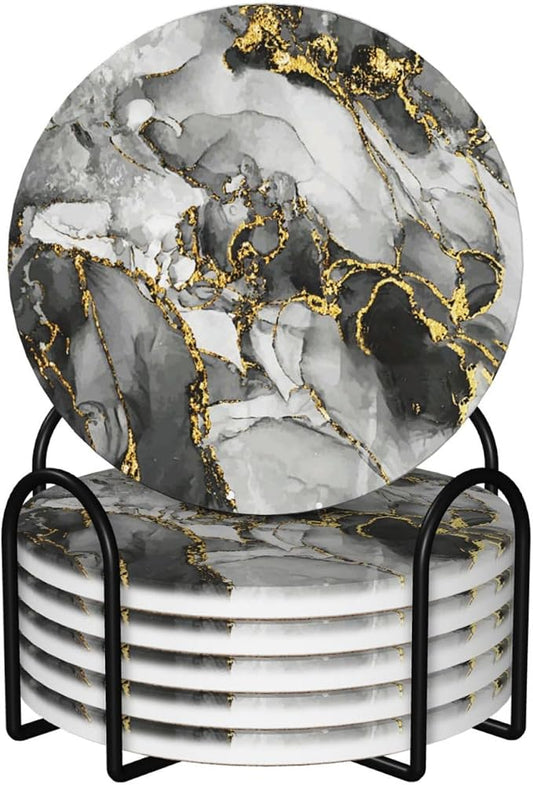 Black Grey Marble 6 Pcs Ceramic Coaster Set with Holder/Cork Luxury Abstract Dark Black Ombre Gold Ink Texture Absorbent Round Cup Drink Coasters Set for Modern Coffee Table Bar Wine Beer Protect