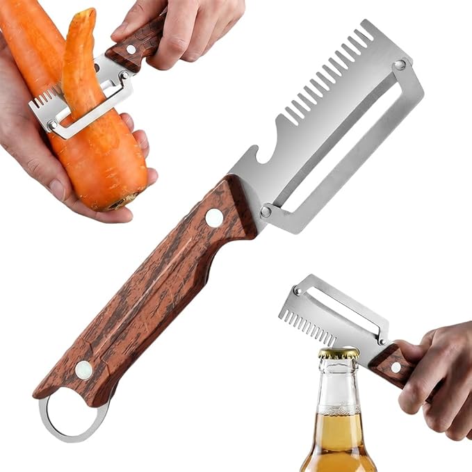 Vegetable Peeler with Wooden Handle and Stainless Steel Blade – Heavy Duty Peeler for Potatoes, Apples, Pumpkin, Zucchini, Papaya – Multifunctional Kitchen Tool with Built-in Bottle Opener (1pcs)