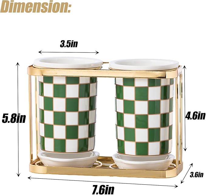 2 pcs Utensil Crocks，Checkered Utensil Holder, Ceramic Cooking Utensil With Layered Shelves，Spoon Spatula Holder for Countertop, Kitchen Decor and Accessories (Green)