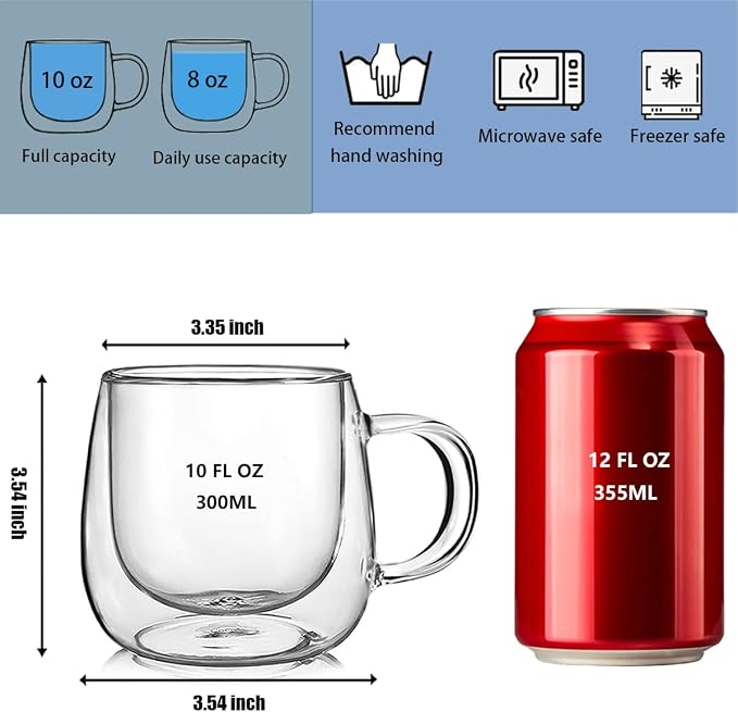 Double Wall Glass Coffee Mugs 10oz Set of 4 Insulated Clear Tea Cups with Handle, Perfect for Espresso, Latte and Cappuccinos