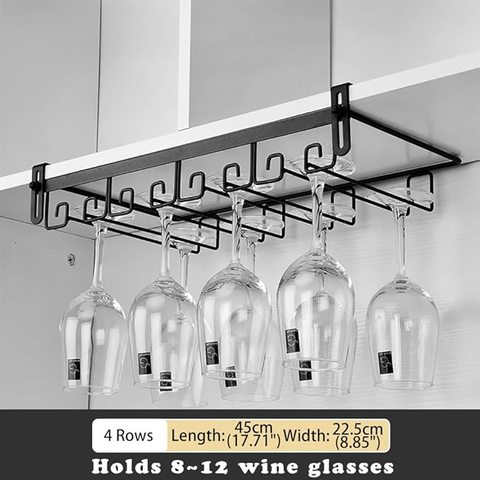 CAKERS Creative Wine Glass Holder|Under Cabinet Iron Art Stemware Rack|Hanging Wine Glass Drying Holder For Kitchen Bar Restaurant,Black,4 Rows