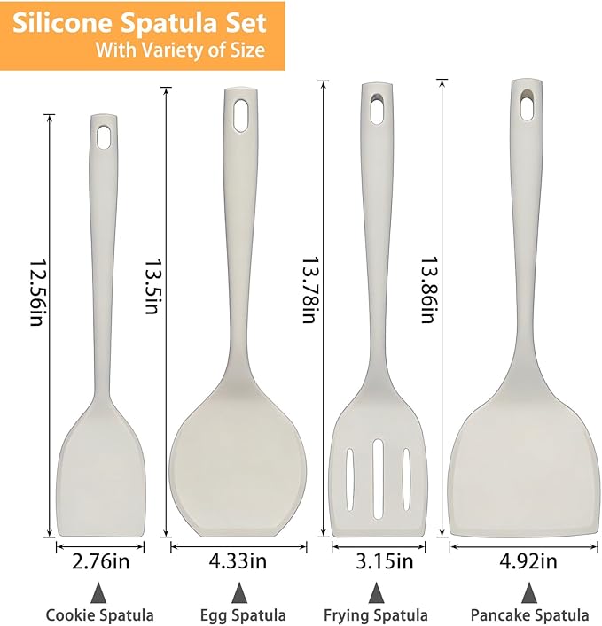 Silicone Spatula Turner Set, 600°F High Heat Resistant Spatulas for Cooking, BPA Free, Large Flexible Kitchen Utensils Flipping Eggs, Pancakes, Fish, Burgers, Dishwasher Safe (4 Pack, Khaki)