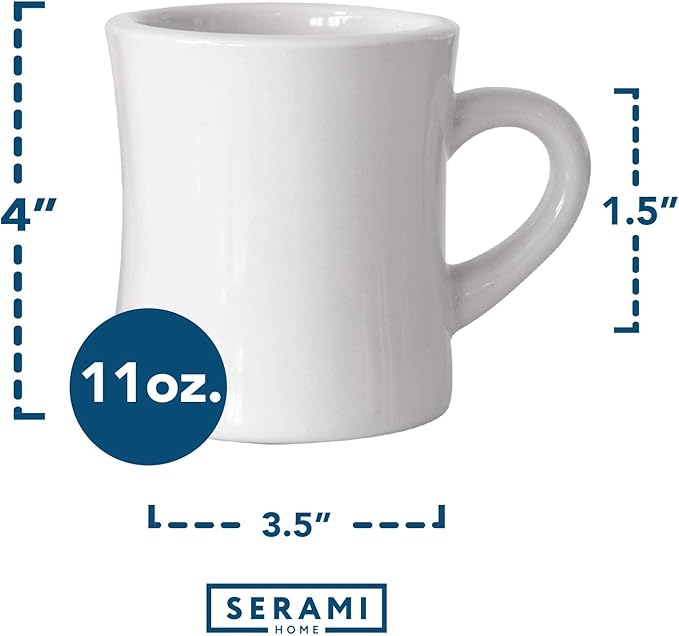 Serami Original 11oz White Diner Coffee Mug Set - Ceramic Mugs Great for Kitchen Set, Travel, and Hot Tea, Retro Waffle House Farmhouse Mug with Handle, Heavy Duty Coffee Cups (4 Pack)