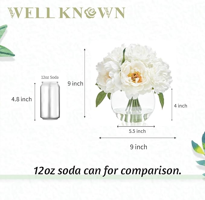 WELL KNOWN Artificial Flowers in Vase, Silk White Peonies Flowers with Glass Vase & Faux Water, Fake Flower Arrangement for Home Table Centerpieces Spring Wedding Party Decor Mom's Birthday Gift