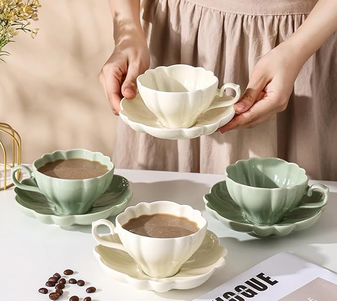 Flower Shaped Ceramic Coffee Cup Teacup with Saucer, Set of 2-White-Green