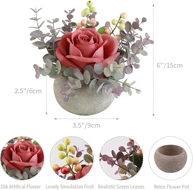 Small Artificial 2pcs Pink Rose Potted Plant, 6" Fake Silk Flowers in 3.5" Round Pot, Mini Faux Floral Arrangement for Desk Shelf Bathroom Decor