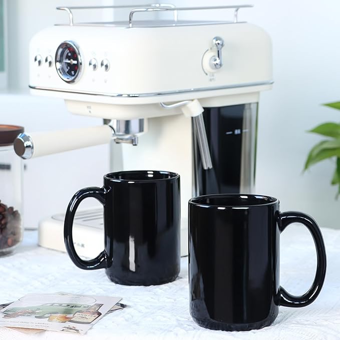 16 OZ Porcelain Coffee Mugs, Classic Blank Ceramic Cup with Large Handle for Tea Latte Cappuccino, Set of 4, Black