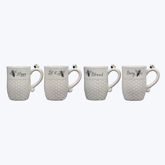Young's Inc Ceramic Bee Coffee Mug Set of 4, 16 oz – Honeycomb Texture Cups with Bee Handle – Microwave & Dishwasher Safe, Perfect Bees Lover Gift