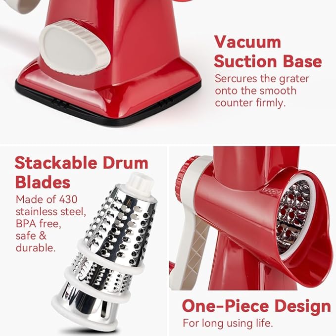 3 in 1 Manual Vegetable Cutter Machine with Stainless Steel Changeable Blades Rotary Cheese Grater Kitchen Tool Potato Slicer Shredder Nuts Chocolate Chopper (Red white)