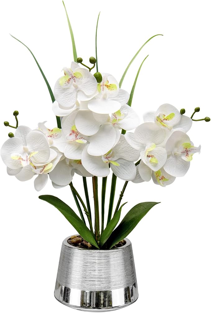 Oairse Artificial White Phalaenopsis Orchid Flower Arrangements Faux Orchid Flower in Silver Pot Orchid Centerpiece for Dining Room Table