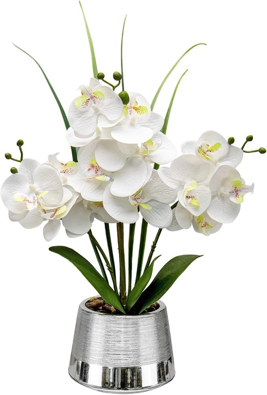 Oairse Artificial White Phalaenopsis Orchid Flower Arrangements Faux Orchid Flower in Silver Pot Orchid Centerpiece for Dining Room Table