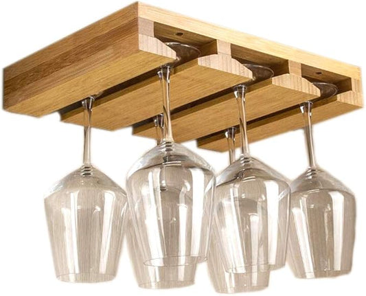 RIIPOO Wine Glass Rack Hangers Under Cabinet, Bamboo Wine Glasses Holders Under Shelf, Under Counter Wine Glass Holder for Home Kitchen & Bar Storage