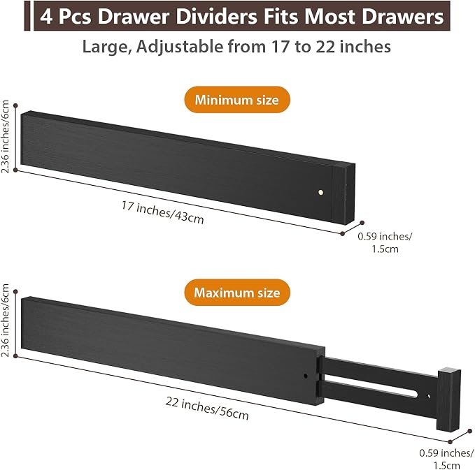 DUCOO 4 PCS Drawer Divider, 17"-22" Adjustable Bamboo Drawer Dividers Organizers, Expandable Separators for Kitchen, Clothes, Dressers, Home, Office, Black